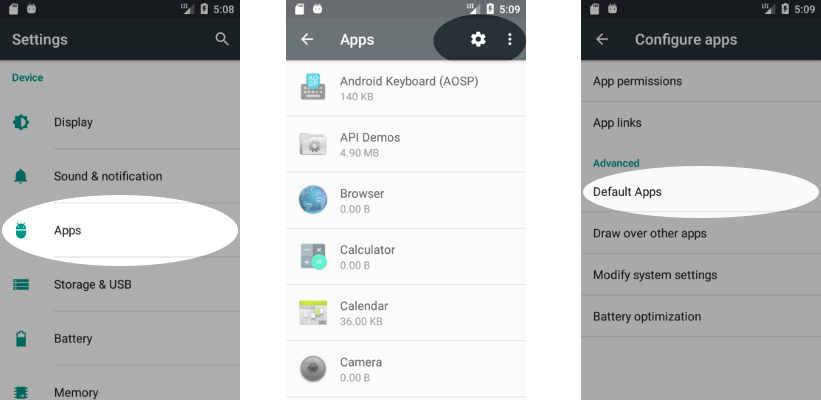 Screenshots of default apps on Android.
