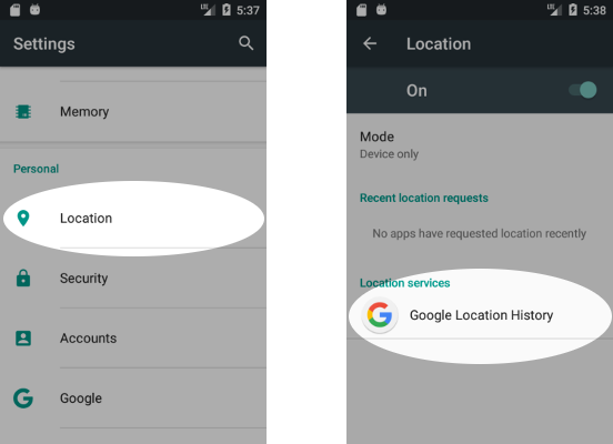 Screenshots of sharing location data with Google on Android.