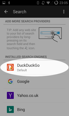 Screenshot of setting DuckDuckGo as the default search engine on Android.