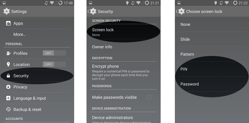 Screenshots of setting a password on Android.