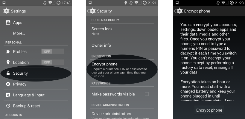 Screenshots of encrypting an Android device.