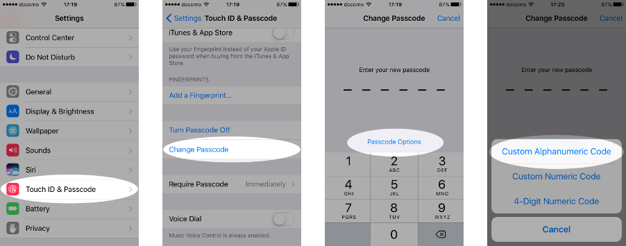 Screenshots of setting passcode on an iPhone.