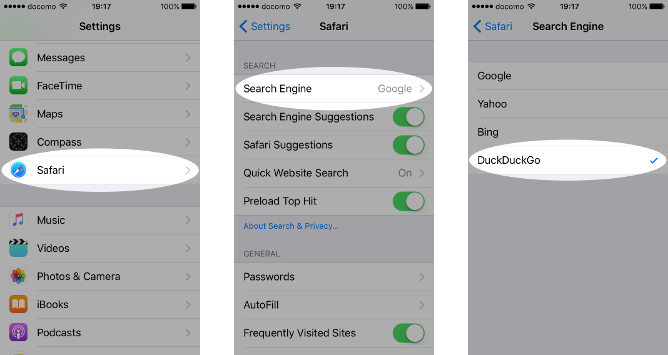 Screenshots of setting DuckDuckGo as default search engine on an iPhone.