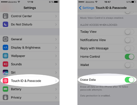 Screenshots of enabling "Erase Data" on an iPhone.