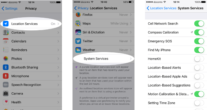 Screenshots of turning off location services on an iPhone.