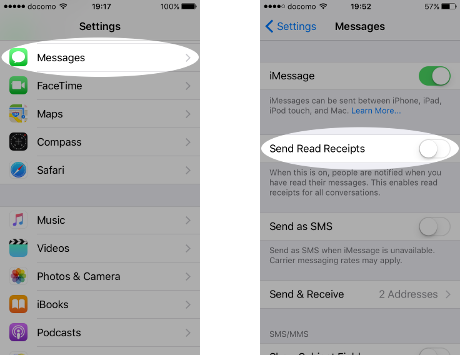 Screenshots of turning off read receipts for messages