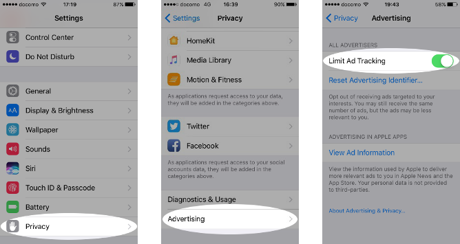Screenshots of enabling "Limit ad tracking" on an iPhone.