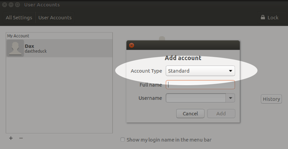 Screenshot showing account types on Linux