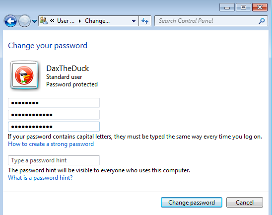 Screenshot showing changing a password on Windows 7