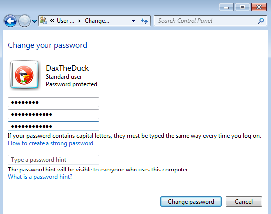 change password hint win 7