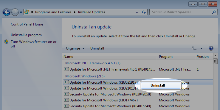 Screenshot showing ununistall updates in Windows 7