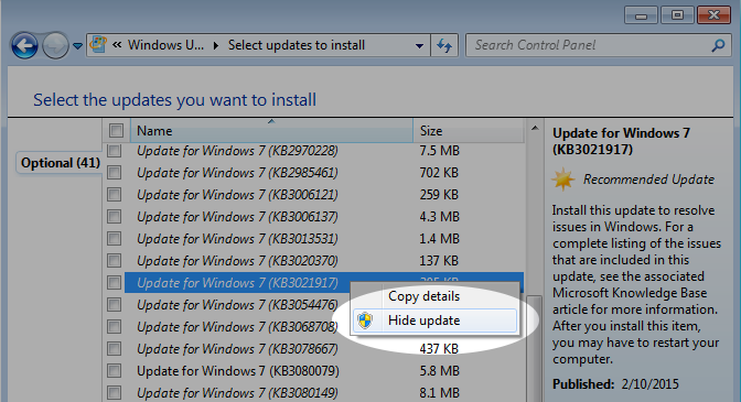 Screenshot showing hiding updates in Windows 7