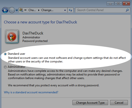 Screenshot showing account type on Windows 7