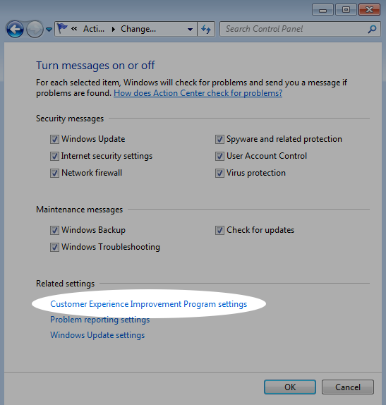 Screenshot showing the 'Customer Experience Improvement Program' in Windows 7