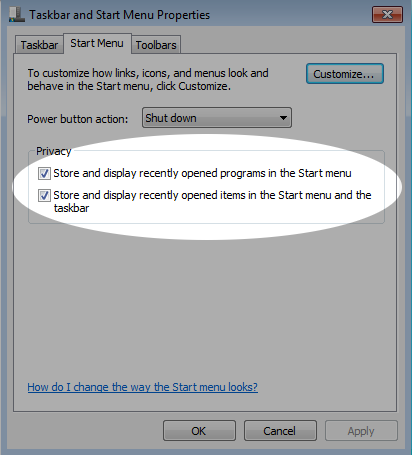 Screenshot showing Start Menu properties in Windows 7