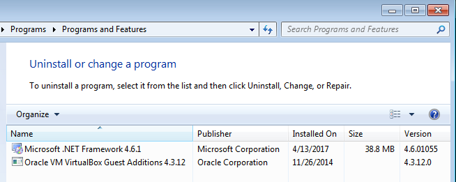 Screenshot showing installed programs in Windows 7