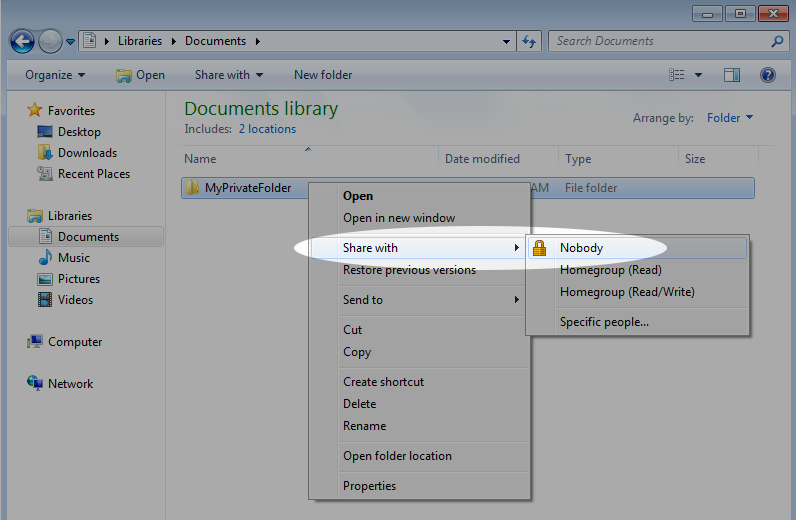 Screenshot showing file sharing in Windows 7