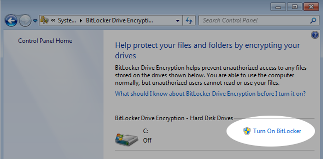 Screenshot showing BitLocker button on Windows