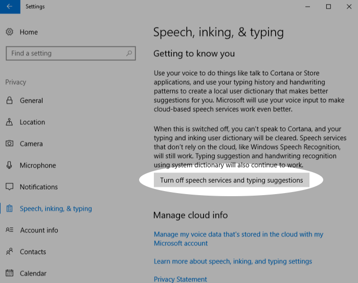 Screenshot showing disabling speech services in Windows 10