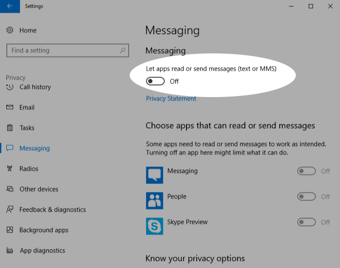 Screenshot showing restricting SMS access in Windows 10