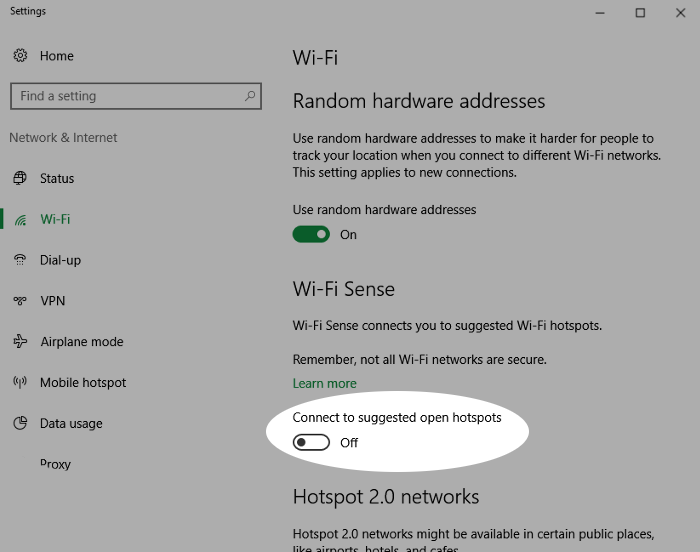 Screenshot showing disabling automatic wifi hotspot connection on Windows 10