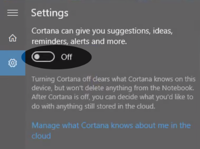 Screenshot showing disabling of Cortana in Windows 10