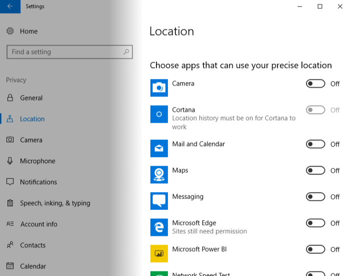 Screenshot showing location services in Windows 10
