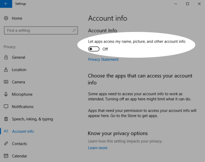 Screenshot showing disabling account info sharing in Windows 10