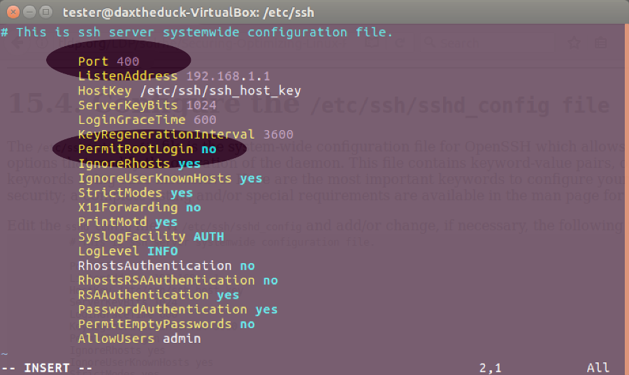 Screenshot of more secure SSH settings.