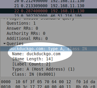 A screenshot of Wireshark showing a domain name highlighted.