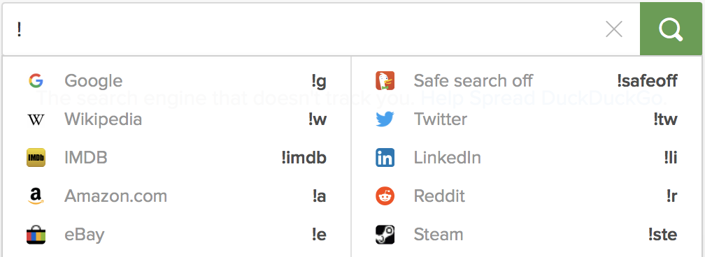 Image displaying a list of some popular DuckDuckGo bangs.