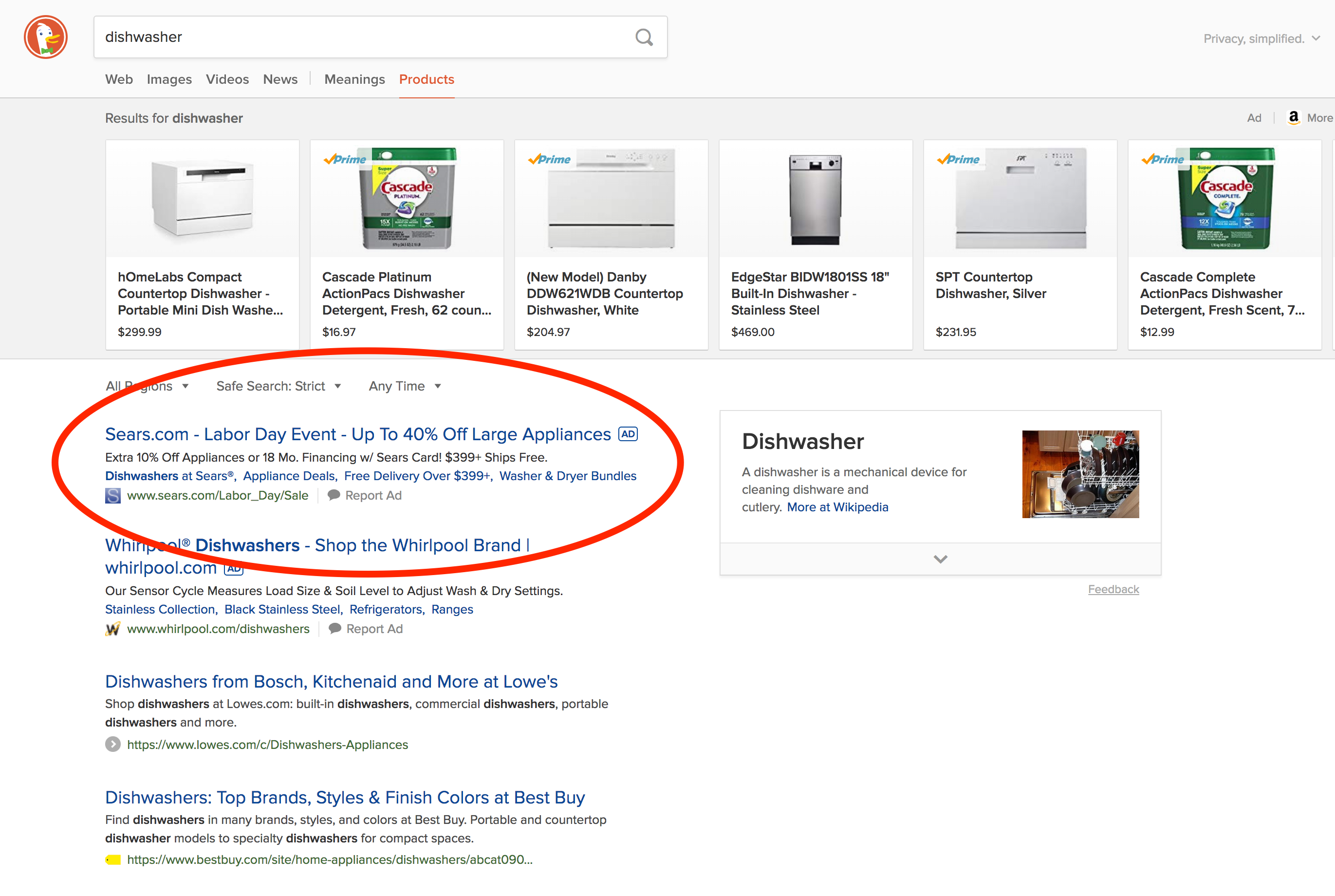 Screenshot of the DuckDuckGo search engine results page for "dishwasher" highlighting the two dishwasher ads served at the top of the page