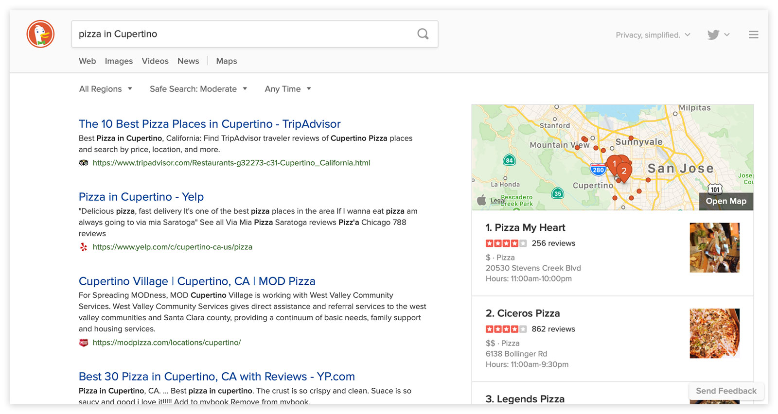 DuckDuckGo search result for pizza in Cupertino, showing a map within a module.