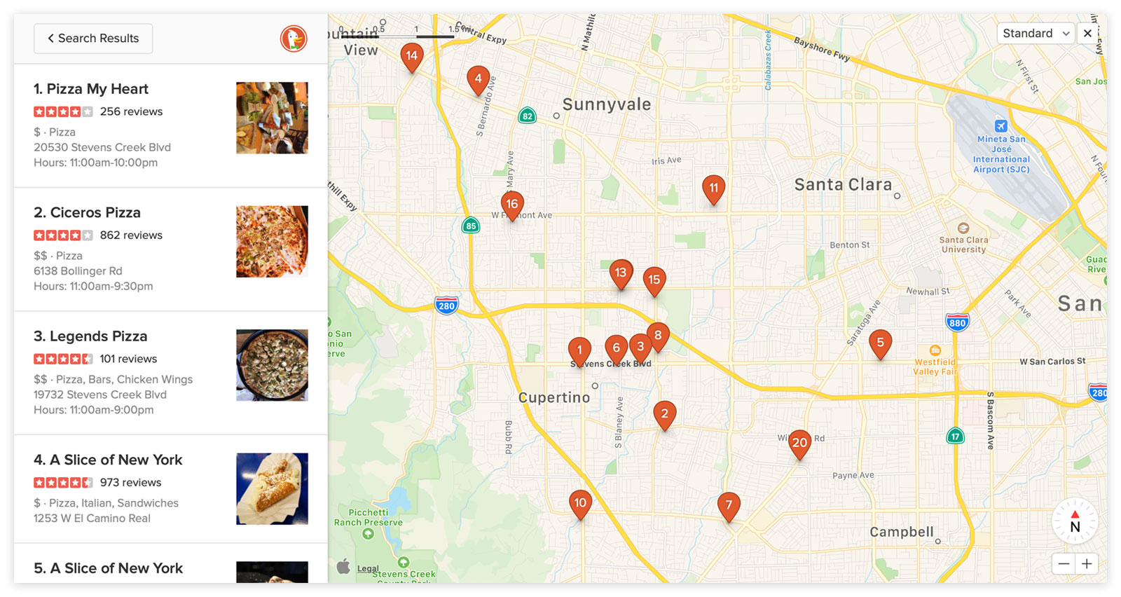 DuckDuckGo search result for pizza in cupertino, showing a fully expanded map.
