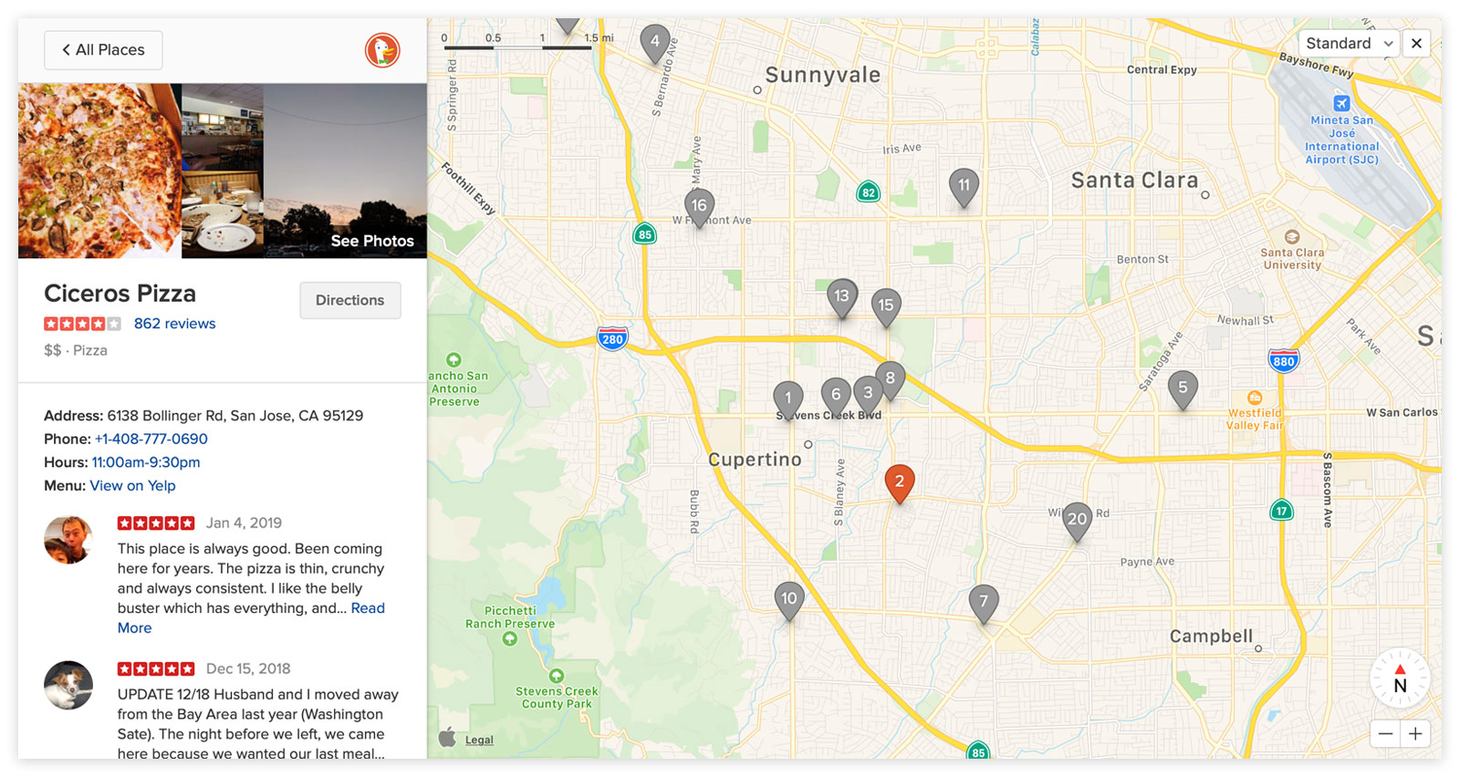 DuckDuckGo search result for pizza in cupertino, highlighting a single location.