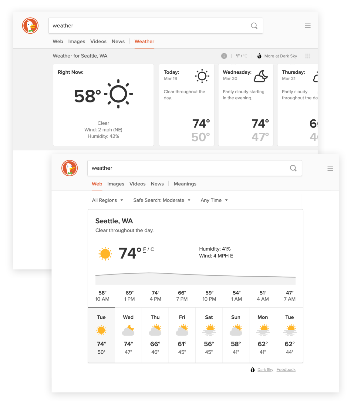 DuckDuckGo search result for 'weather', showing the old and new weather displays.