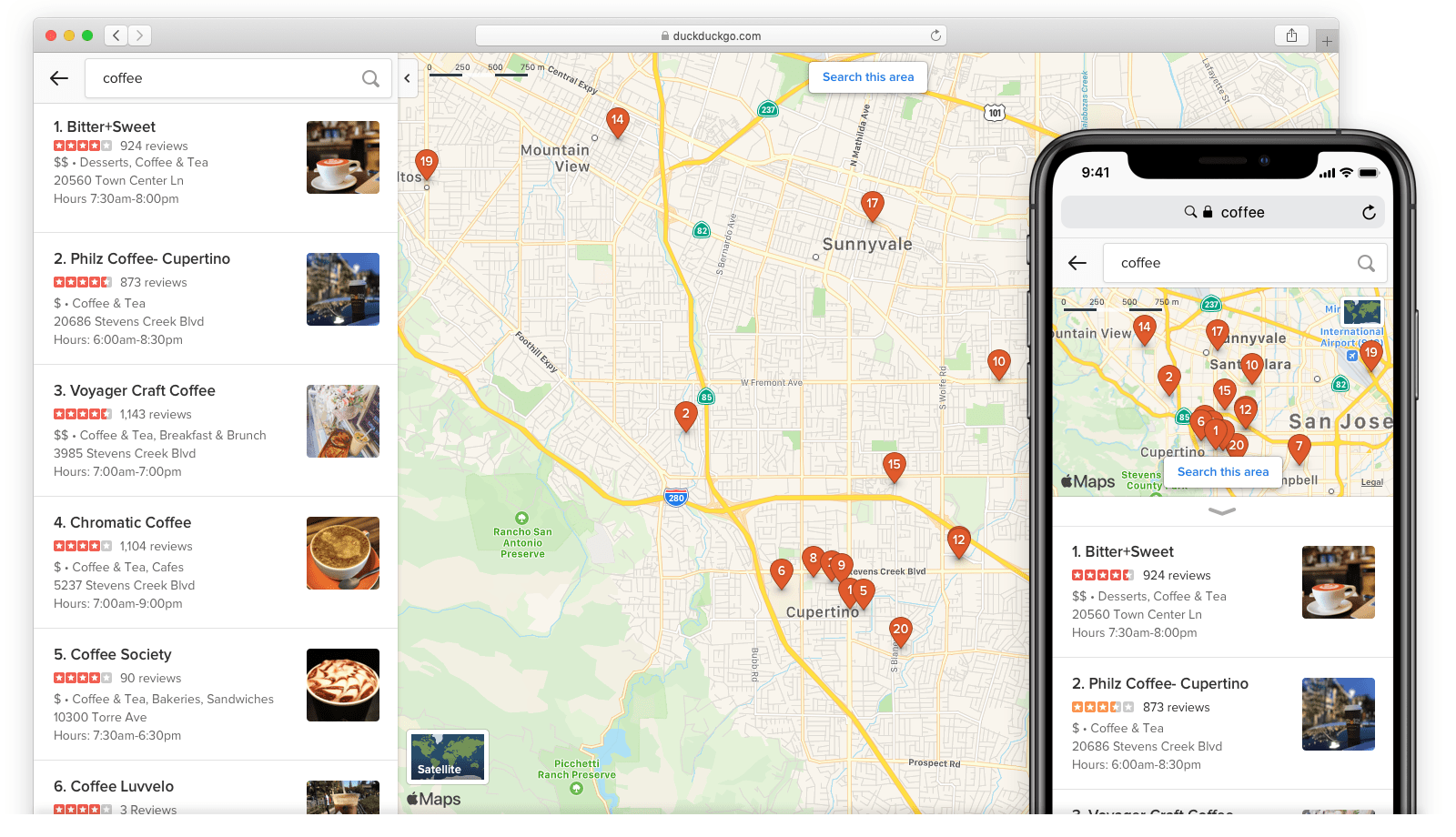 Screenshot showing multiple location results for a search for 'coffee'.