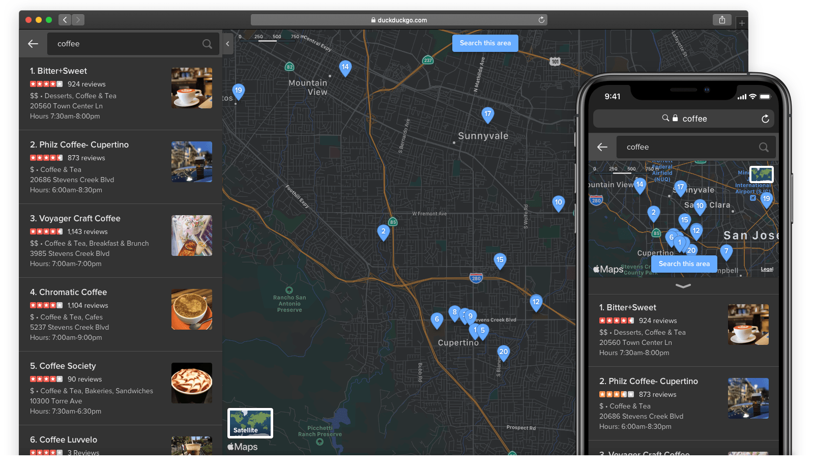 Screenshot showing Apple Maps dark mode within DuckDuckGo's dark theme.