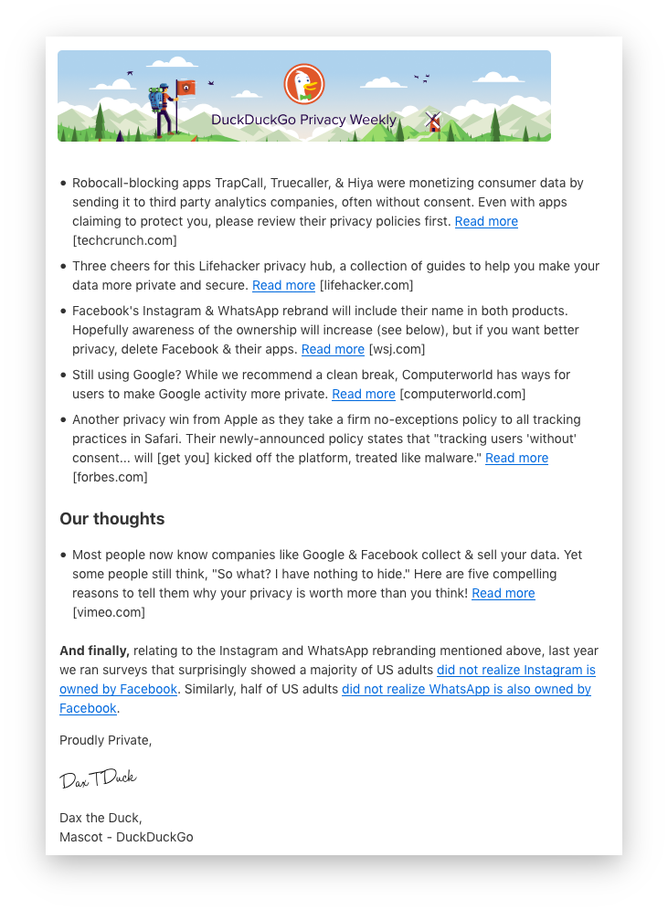 Image showing a sample edition of the DuckDuckGo Privacy Weekly newsletter.