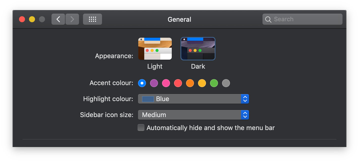 Screenshot showing the dark mode selector in macOS.