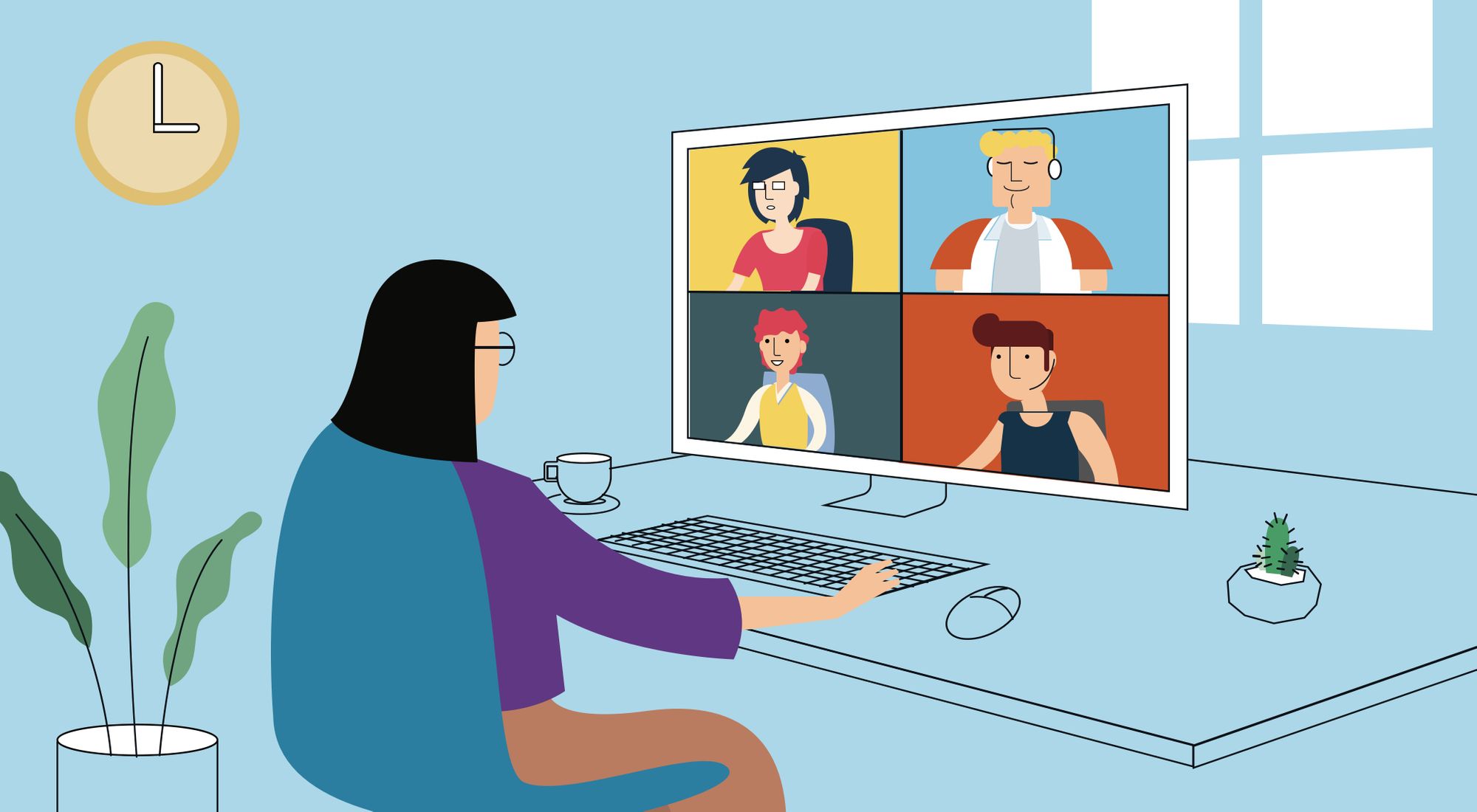 Illustration of a woman on a video call while working from home 