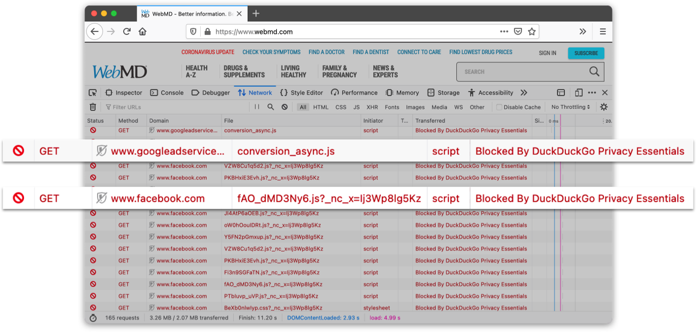 Screenshot showing trackers in webmd.com being blocked by the DuckDuckGo Privacy Essentials browser extension.