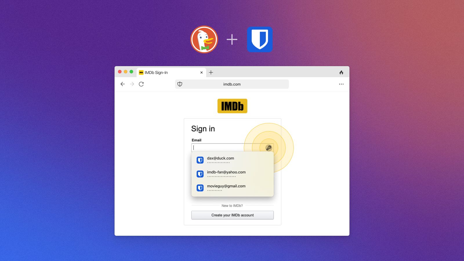 DuckDuckGo and Bitwarden logos over a screenshot of IMDB's login page on a purple background