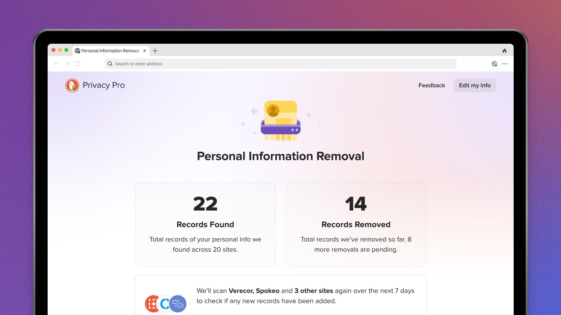 Personal Information Removal dashboard that reads "22 records found" and "14 records removed"