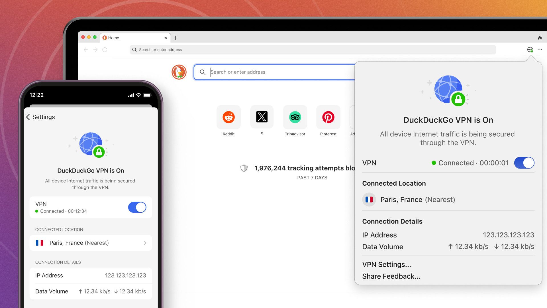 Laptop and smartphone screens that read "DuckDuckGo VPN is ON"