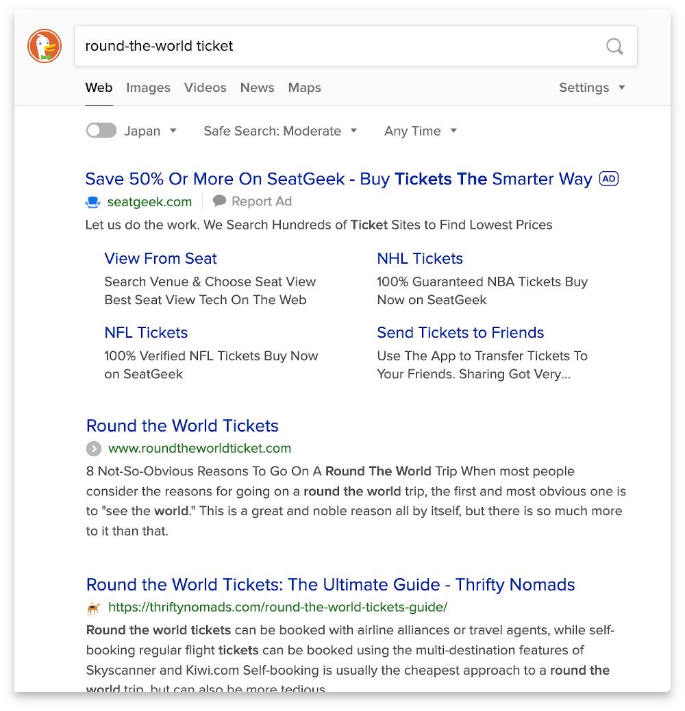 DuckDuckGo search results for "round-the-world ticket," including one ad 