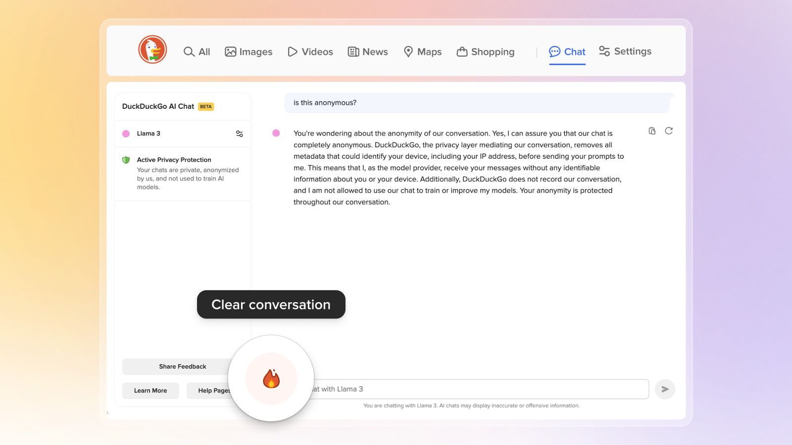 ai chat screen with query "is this anonymous," highlighting fire button