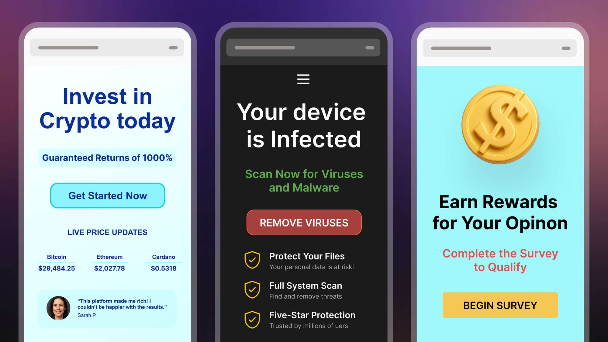 Artistic rendering of scam websites: a crypto exchange, a scareware ad, and a paid survey offer.